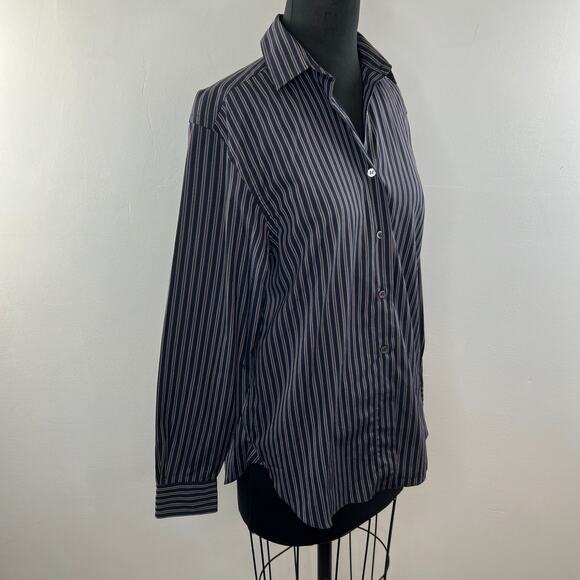 LORENZINI Navy Blue Burgundy Stripe Mens Button Down Dress Shirt 0 ITALY - Picture 3 of 8